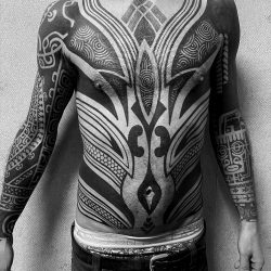 Mans Torso And Chest Tattoo Ornaments And Spirals Black Patterns