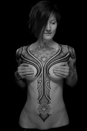 Woman Chest Shoulder Tattoo Geometric Patterns