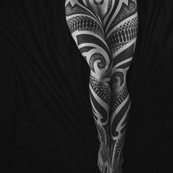 Womans Leg And Torso Blackwork Tattoo