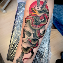 Skull And Snake Tattoo In Colors