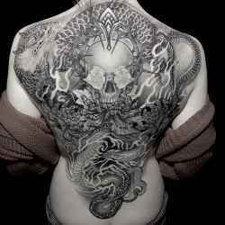 Full Back Piece Tattoo With Skull And Snake