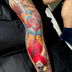 Parrot Tattoo On Leg - Red Ara Flying