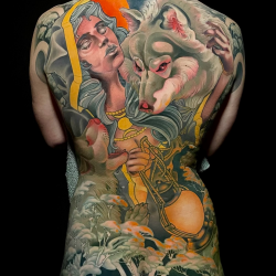 Japan Style Back Piece Tattoo With Wolf