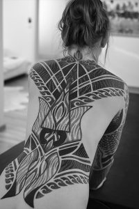 Womans Back Tattoo Black Geometries