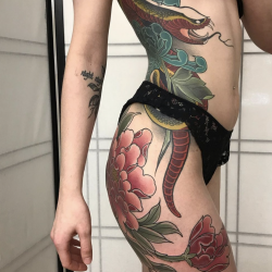 Snake Tattoo On Womens Ribs And Leg Japan Style