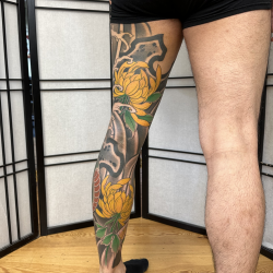 Mens Leg Tattoo Black Background Patterns Yellow Flowers